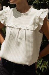 Solid Color Ruffle Trim Waffle Knit Blouse Ivory OutfitFlow