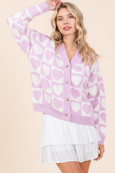 Mittoshop Checkered Heart Button Down Cardigan Lilac OutfitFlow
