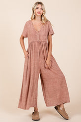 Mittoshop Mineral Wash Short Sleeve Flowy Wide Leg Jumpsuit Ginger OutfitFlow