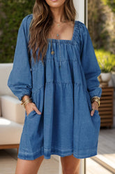 Tied Square Neck Long Sleeve Denim Dress with Pockets Medium OutfitFlow