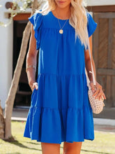 Ruffled Round Neck Cap Sleeve Mini Dress Royal Blue OutfitFlow