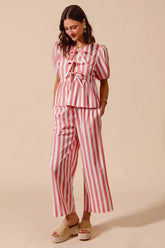SO ME Front Tie Stripe Top With Puff Sleeves and Wide Leg Pants Set PINK OutfitFlow