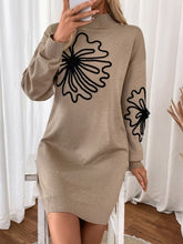 Perfee Flower Mock Neck Long Sleeve Sweater Dress Camel OutfitFlow