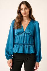 Mittoshop Satin V Neck Ruffled Tier Blouse Teal OutfitFlow