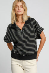 Umgee Striped Half Zip Short Sleeve Sweatshirt Black OutfitFlow