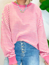 Striped Round Neck Long Sleeve Sweatshirt Pink OutfitFlow
