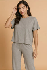 Zenana Soft Melange Short Sleeve Tee & Long Pants Set Gray OutfitFlow