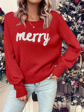 Merry Round Neck Dropped Shoulder Christmas Sweater Red OutfitFlow