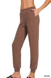 Zenana Cotton Slub Jogger Pants BROWN OutfitFlow