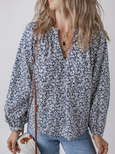 Floral Print Notched Long Sleeve Blouse Dusty Blue OutfitFlow