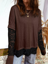 Sheer Lace Patchwork Casual Long Sleeve Top Dark Brown OutfitFlow