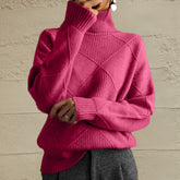 Geometric Turtleneck Long Sleeve Sweater Hot Pink OutfitFlow