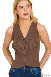 Zenana Ribbed Knit Button-Down Sweater Vest BROWN OutfitFlow