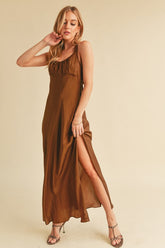 Aemi + Co Ruched Side Slit Cutout Back Maxi Cami Dress Brown OutfitFlow