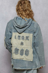 POL Raw Hem Drawstring Zip Up Hooded Denim Jacket Dusty Blue OutfitFlow