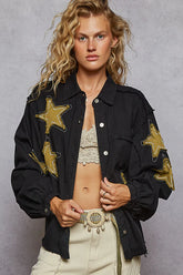 POL Star Patch Raw Hem Button Up Denim Jacket Black OutfitFlow