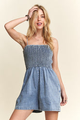 ADORA Smocked Spaghetti Strap Denim Romper Medium OutfitFlow