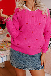 Heart Round Neck Long Sleeve Sweater Pink OutfitFlow