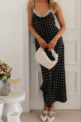 Polka Dot Square Neck Midi Cami Dress Black OutfitFlow