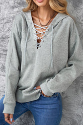Lace Up Long Sleeve Hoodie Gray OutfitFlow