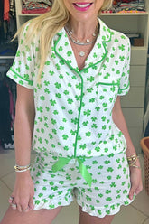 Lucky Clover Shirt and Shorts Lounge Set Green OutfitFlow