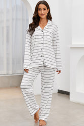 Striped V-Neck Long Sleeve Top and Pants Lounge Set Stripe OutfitFlow