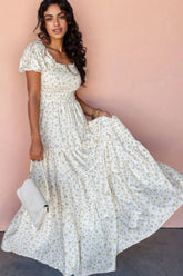Floral Smocked Short Puff Sleeve Maxi Dress White OutfitFlow