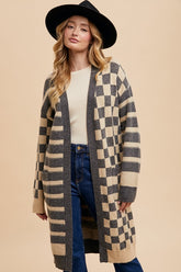 Annie Wear Checkered & Striped Open Front Long Sleeve Cardigan Dark Gray OutfitFlow