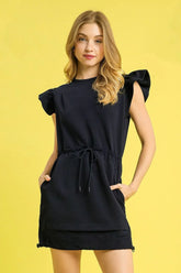 Umgee Luxe knit Ruffle Sleeve Drawstring Mini Dress Dark Navy OutfitFlow