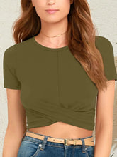 Round Neck Short Sleeve Crop T-Shirt Olive OutfitFlow
