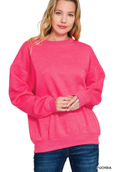 Zenana Fleece Crewneck Long Sleeve Sweatshirt FUCHSIA OutfitFlow