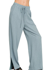 Zenana Linen Drawstring Pants BLUE GREY OutfitFlow