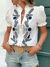Embroidered Frill Notched Short Sleeve Blouse White OutfitFlow