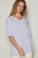 POL V-Neck Half Sleeve T-Shirt Lilac OutfitFlow