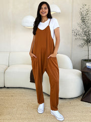 Double Take Full Size Sleeveless V-Neck Pocketed Jumpsuit Caramel OutfitFlow