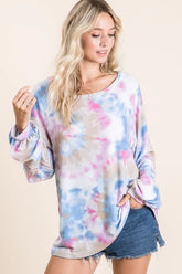 BiBi Tie Dye Print Terry Top With Puff Sleeves BLUE MULTI OutfitFlow