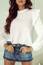 Frill Mock Neck Ruffled Balloon Sleeve Blouse White OutfitFlow