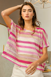 BiBi Striped Openwork Short Sleeve Knit Cover Up Fuchsia Combo OutfitFlow