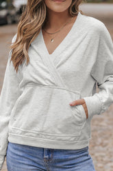 Surplice Long Sleeve Sweatshirt with Pocket Light Gray OutfitFlow