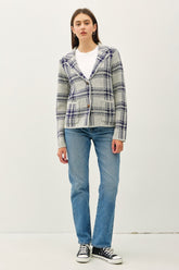 Be Cool Plaid Long Sleeve Sweater Jacket with Front Patch Pockets Navy OutfitFlow