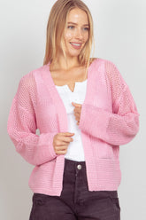 VERY J Eyelet Open Front Long Sleeve Cardigan PINK OutfitFlow