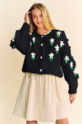Davi & Dani Floral Pattern Button Down Cardigan Black OutfitFlow