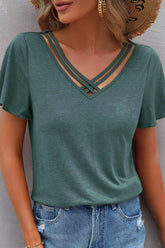 V-Neck Short Sleeve T-Shirt Turquoise OutfitFlow