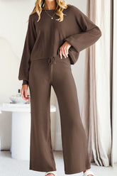 Round Neck Long Sleeve Top and Pants Set Brown OutfitFlow