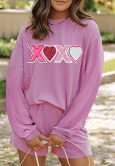 Valentine’s Day XOXO Heart Sequin Corded Long Sleeve Top and Shorts Set Pink OutfitFlow