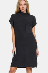 Zenana Mock Neck Short Sleeve Sweater Dress Black OutfitFlow