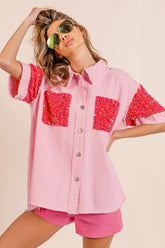 BiBi Sequin Detail Raw Hem Short Sleeve Shirt Pink Fuchsia OutfitFlow