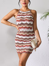 Openwork Striped Spaghetti Strap Knit Dress Rust OutfitFlow