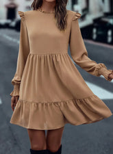 Frill Round Neck Flounce Sleeve Mini Dress Camel OutfitFlow