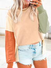 Color Block Round Neck Oversized Sweatshirt Beige OutfitFlow